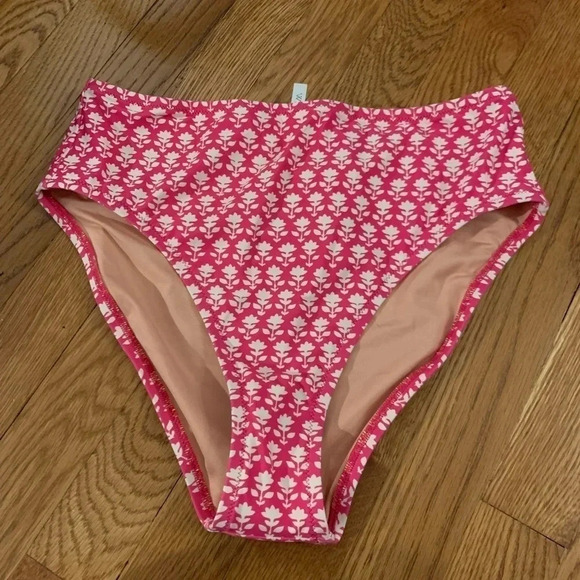 J.Crew High Rise Swim Bottoms Pink and White Block Print NWT - Picture 1 of 5